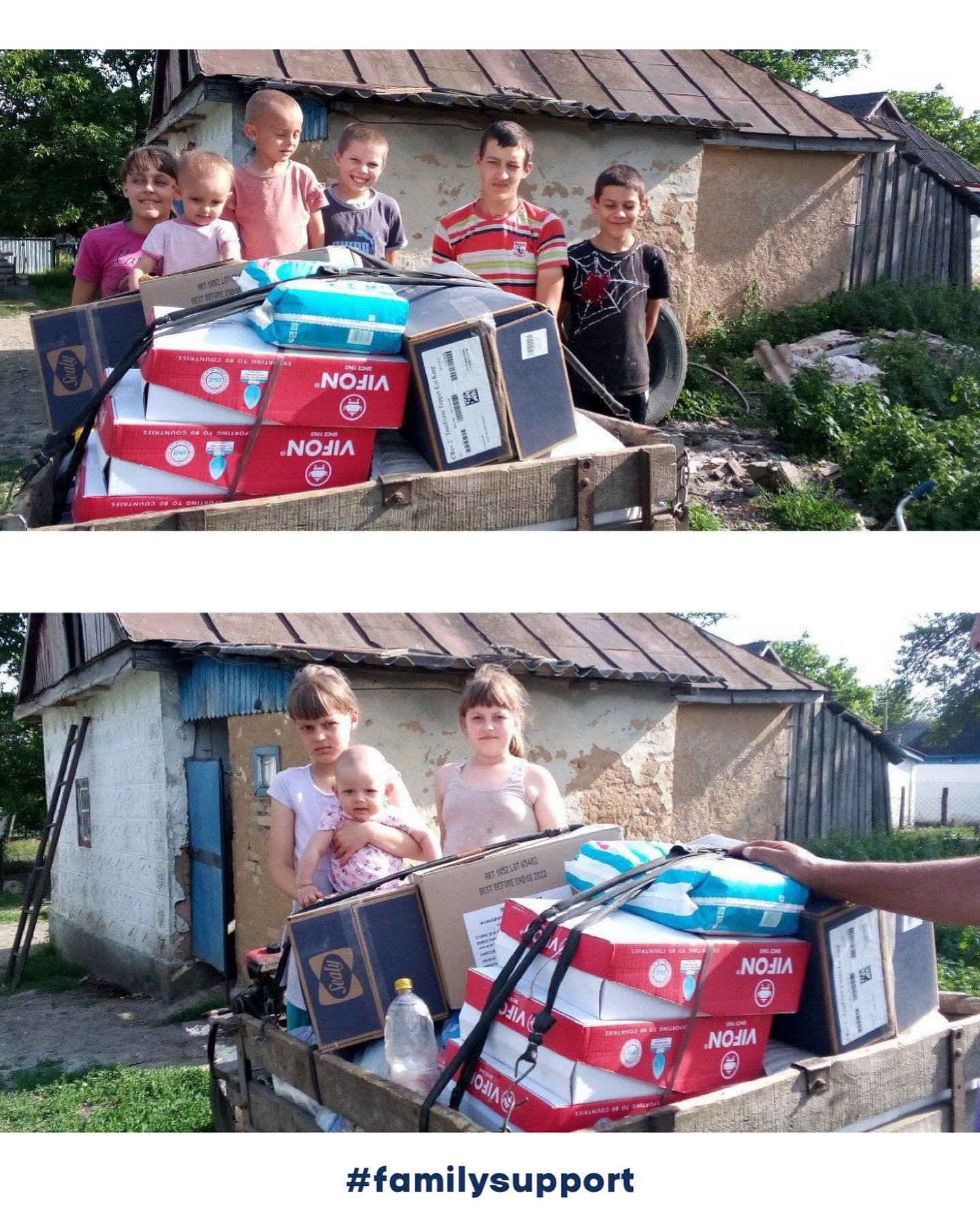 a group of children are standing in front of a truck with boxes.