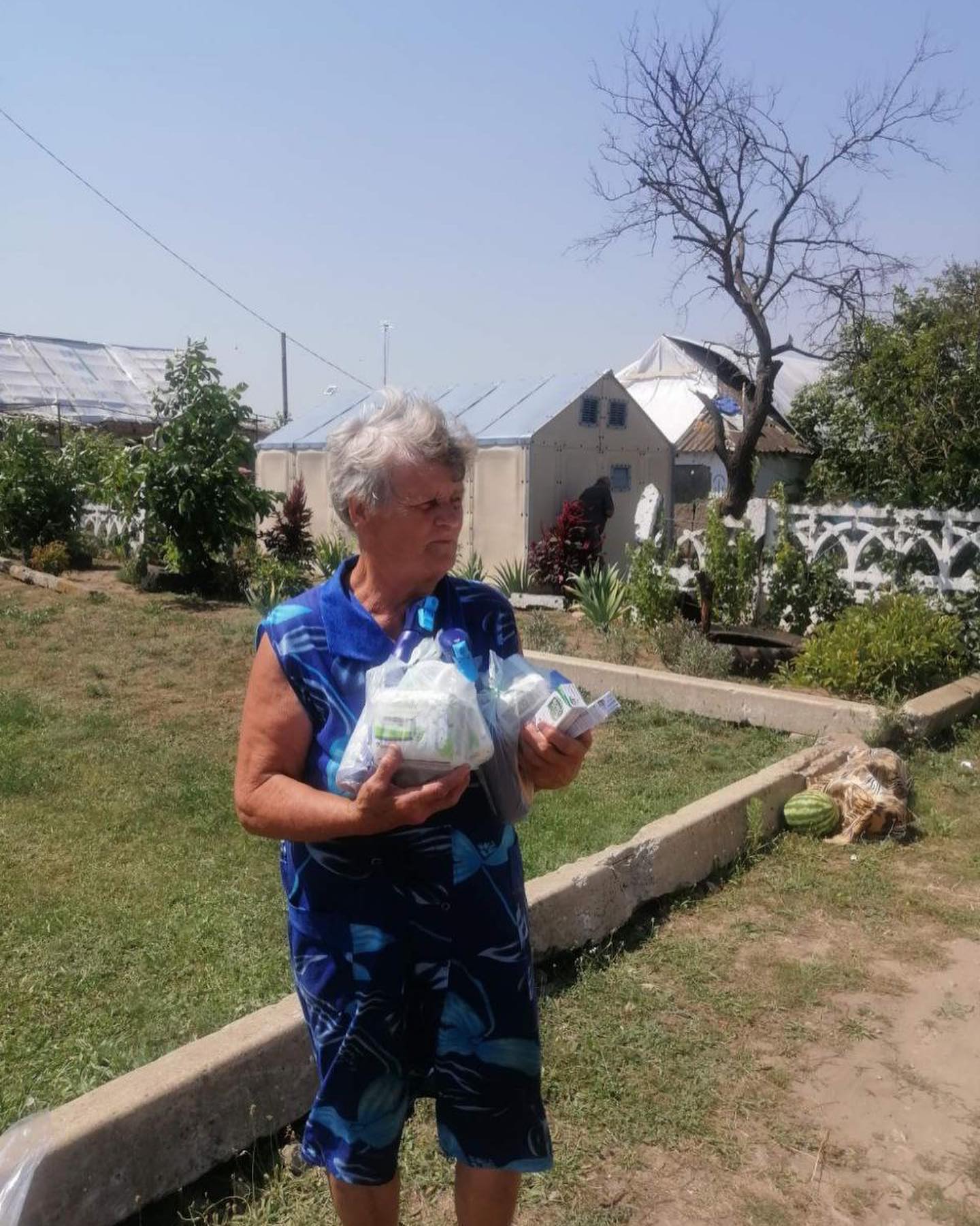 A woman standing in a yard with bags of food.