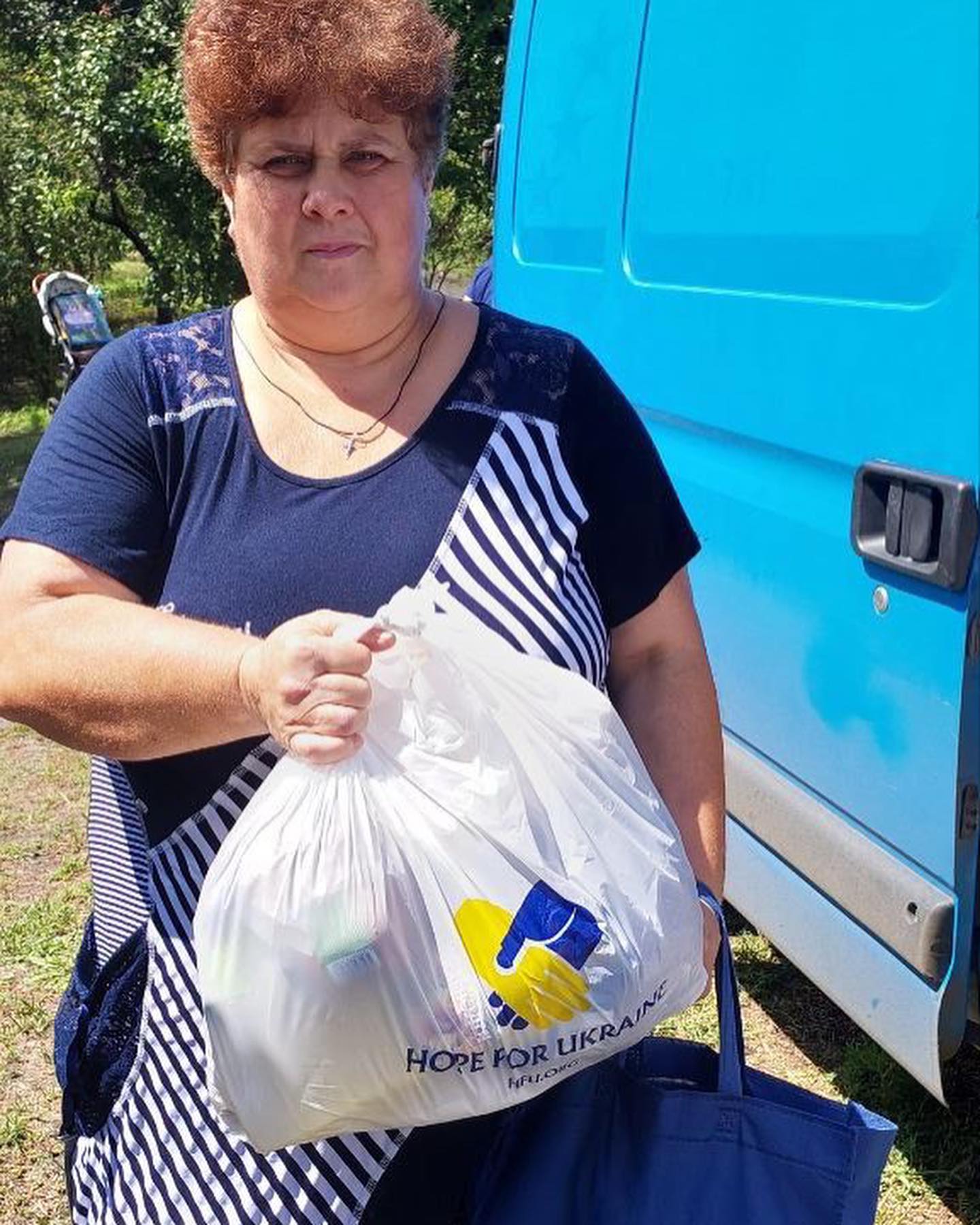 A woman holding a bag of groceries in front of a van.