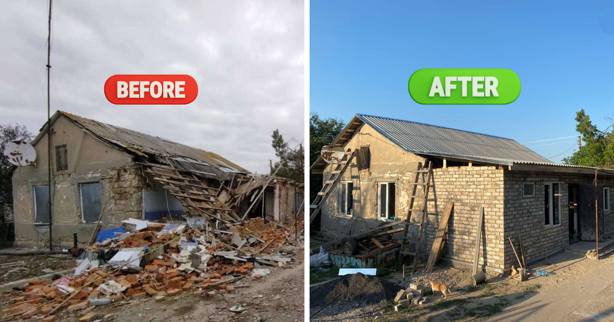 Before and after images of a house that has been demolished.
