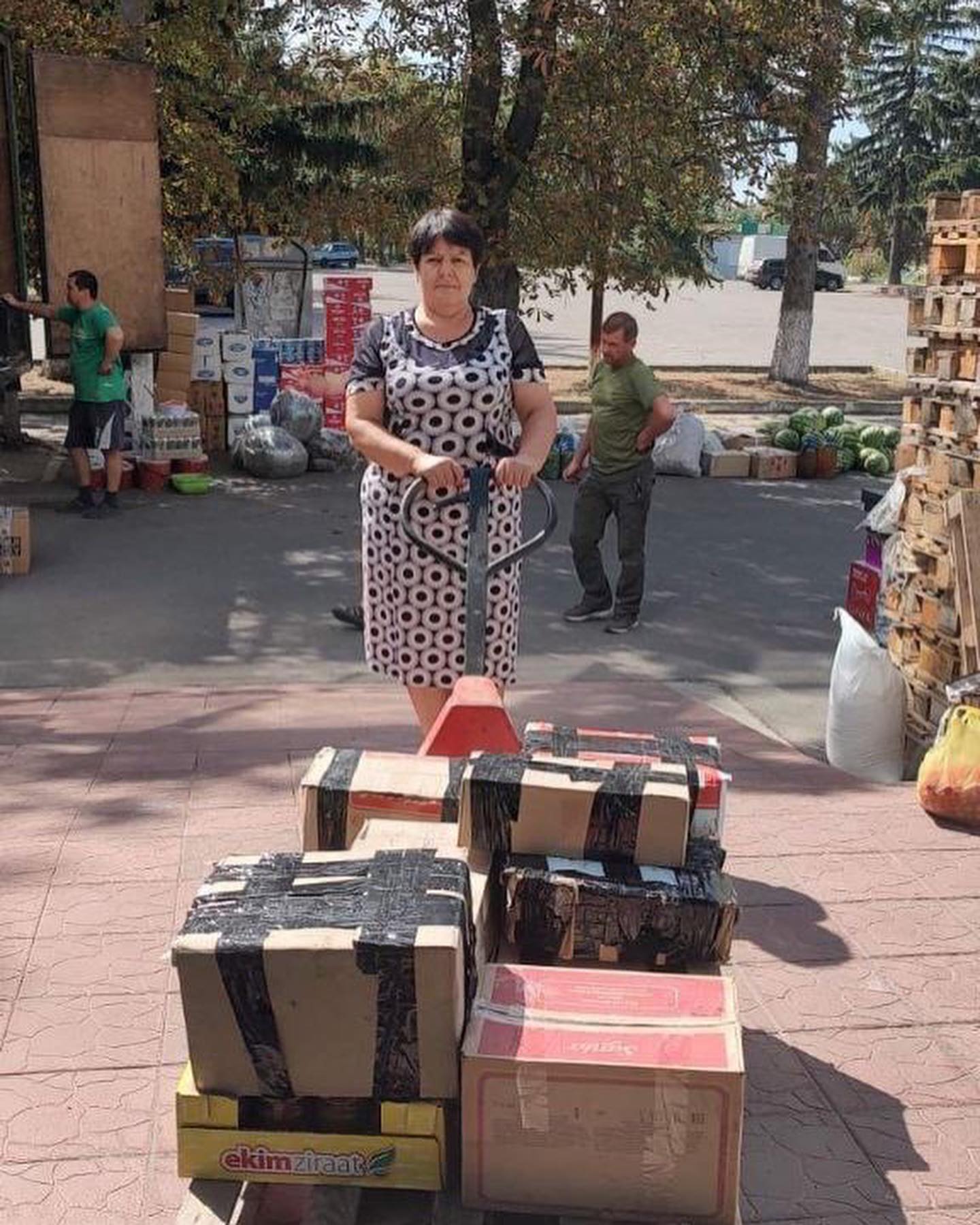 A woman pushing a cart full of boxes.