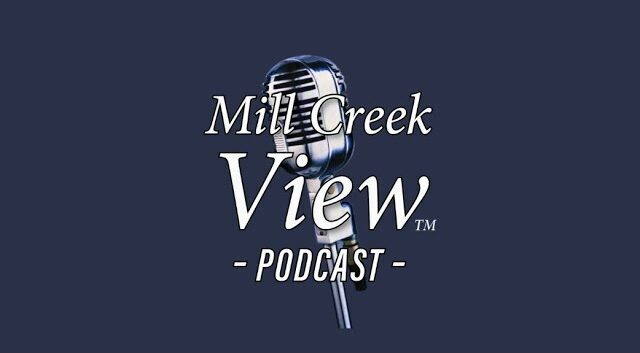 The mill creek view podcast logo with a microphone.