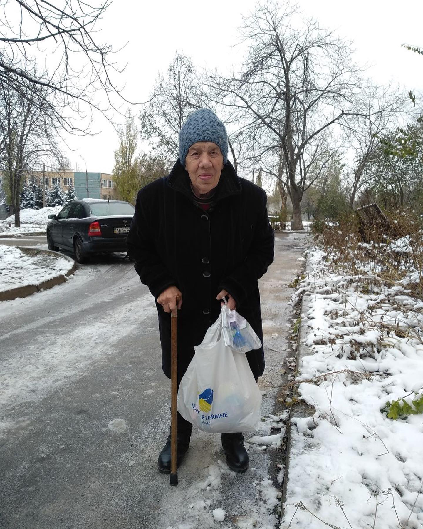 A man holding a bag of groceries in the snow.