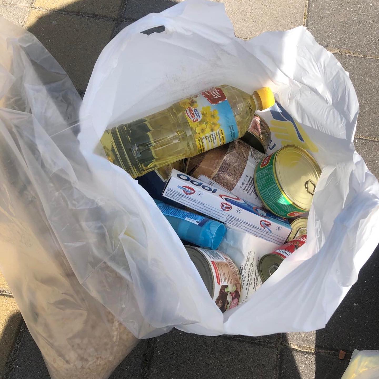 A plastic shopping bag filled with various groceries, including oil, canned food, and rice, on a sunny day.