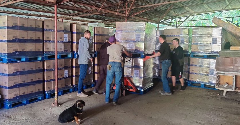 Five men and a black dog in a warehouse, handling boxes on pallets.