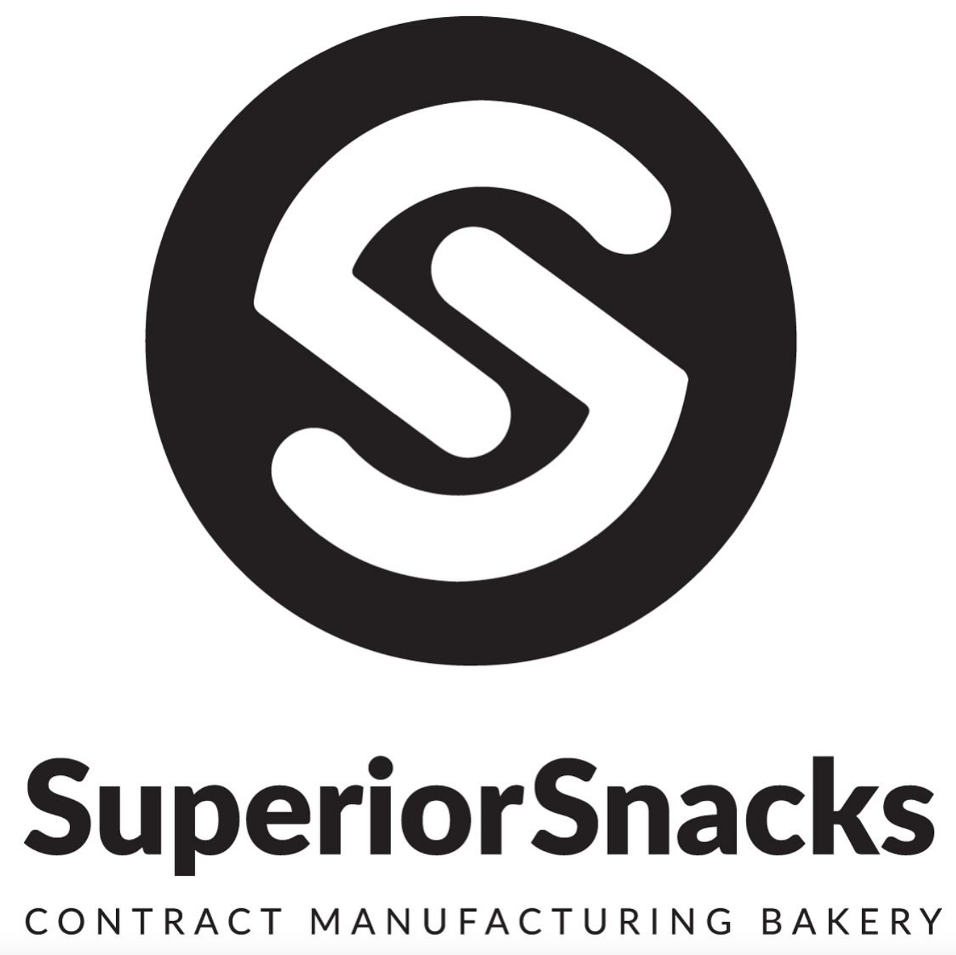 Logo of superior snacks, a contract manufacturing bakery, featuring a stylized 's' in a black circle.