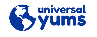 Logo of "universal yums" featuring a stylized globe and text.