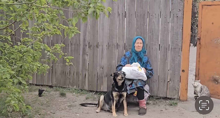An elderly woman in a blue headscarf sits outside a wooden gate with a dog beside her, as a cat walks by in the background, waiting for the Hope for Ukraine Food Aid Distribution.