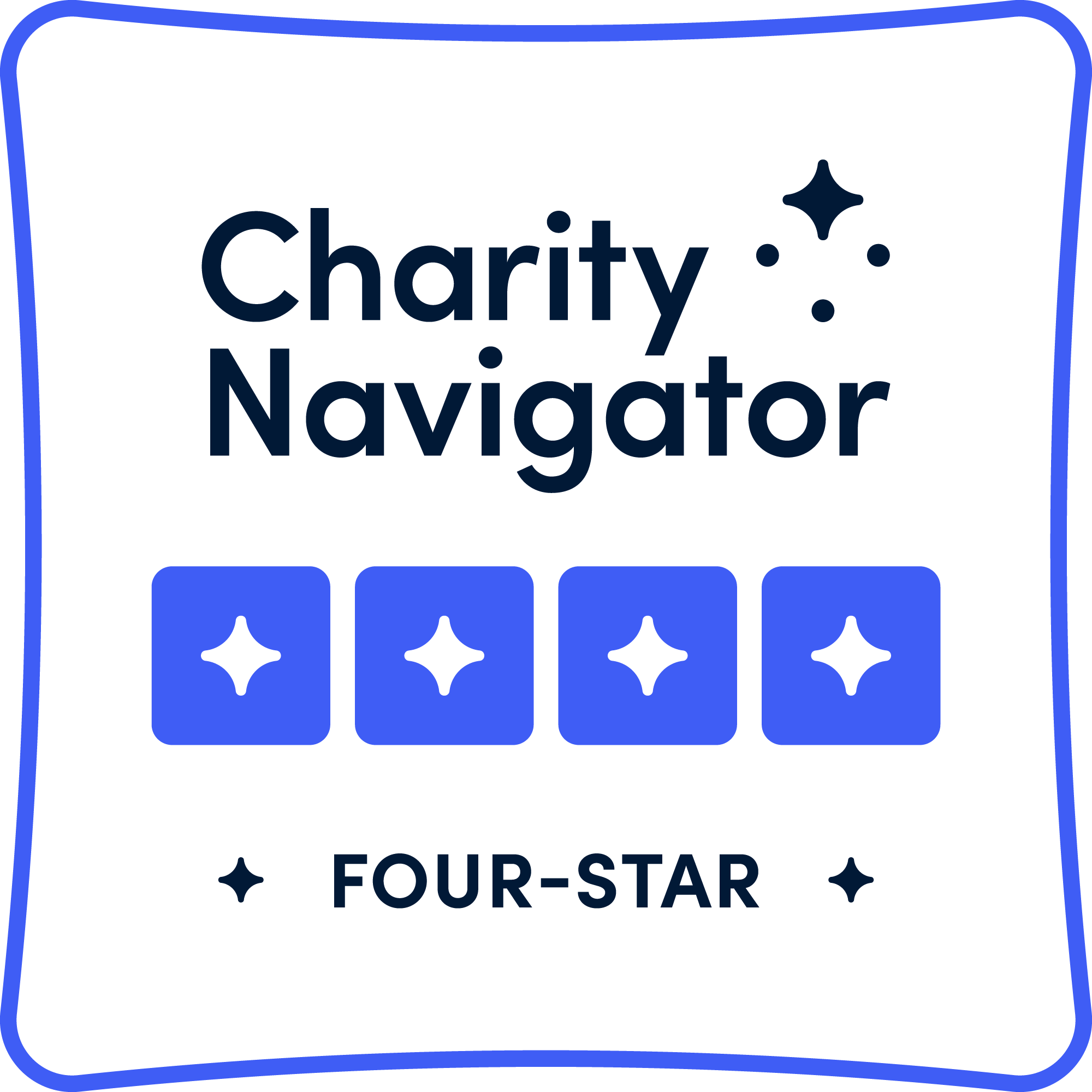 Logo featuring "Charity Navigator" with three small star icons above, four blue squares each with a white star below, and the text "FOUR-STAR" at the bottom.