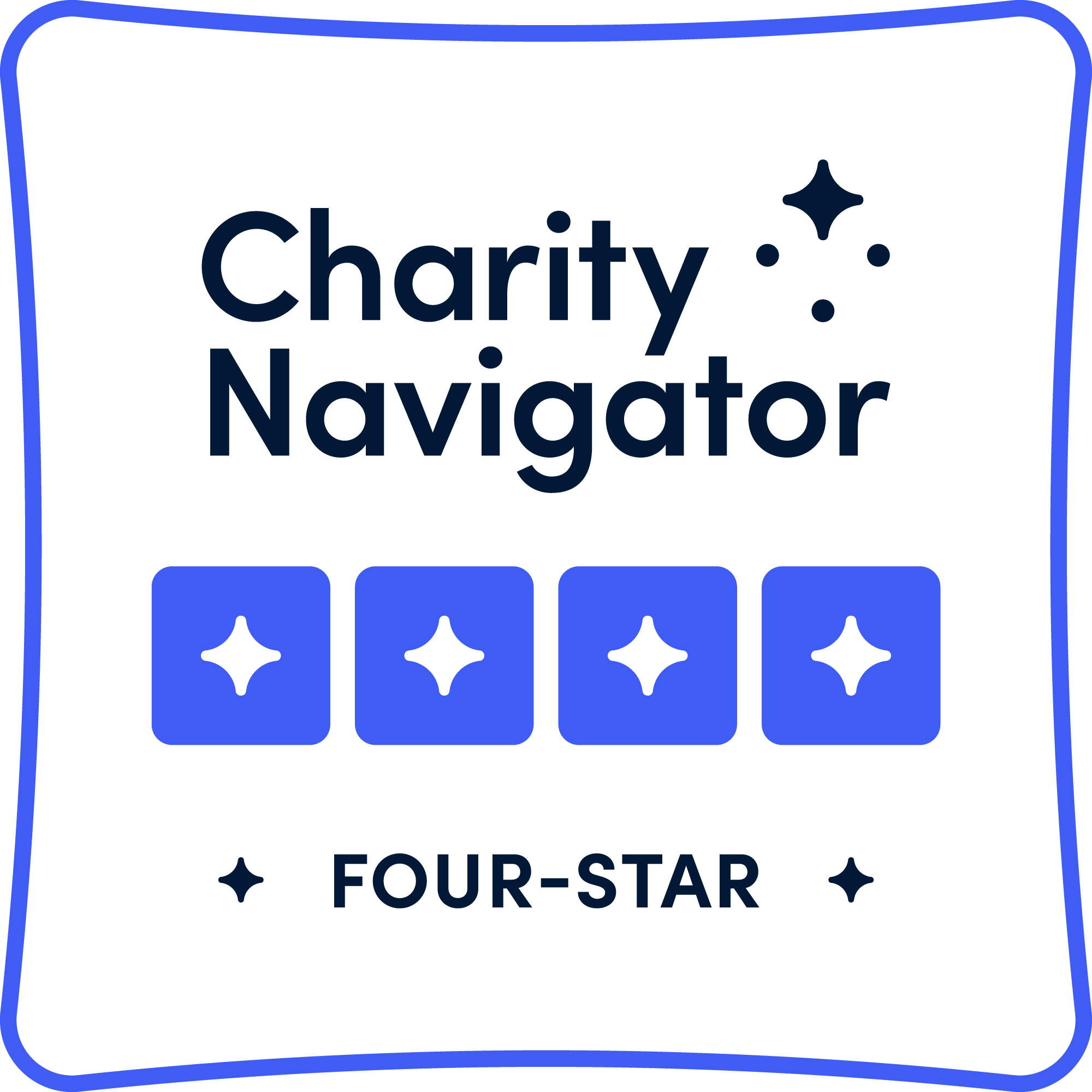 Logo featuring "Charity Navigator" with three small star icons above, four blue squares each with a white star below, and the text "FOUR-STAR" at the bottom.