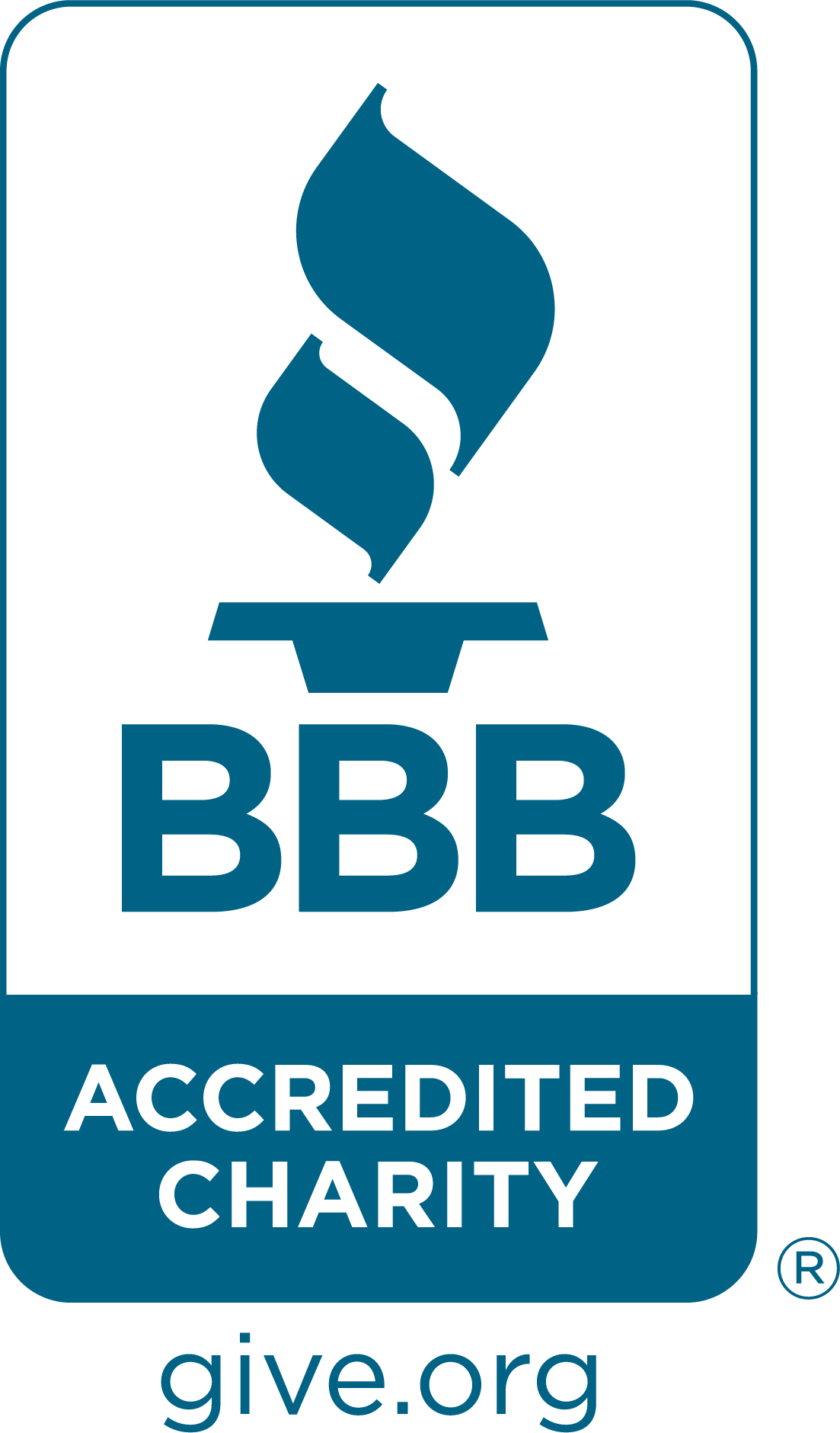 BBB Accredited Charity logo from give.org showing a blue flame above the letters "BBB" with the text "ACCREDITED CHARITY" and "give.org" below.