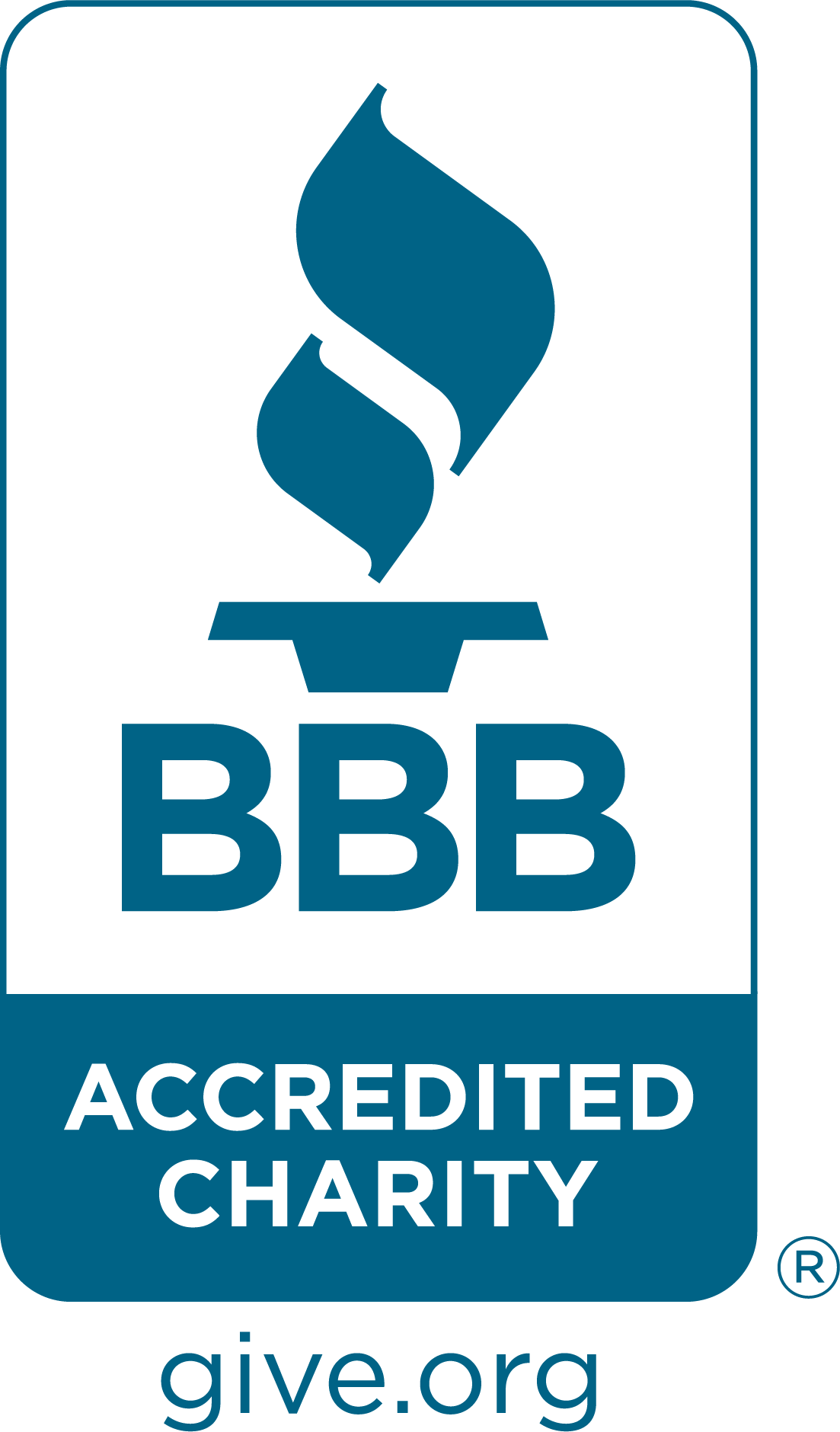 BBB Accredited Charity logo from give.org showing a blue flame above the letters "BBB" with the text "ACCREDITED CHARITY" and "give.org" below.