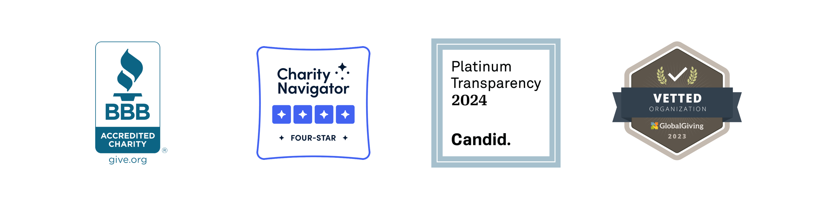 Four accreditation badges: BBB Accredited Charity, Charity Navigator Four-Star, Candid Platinum Transparency 2024, and GlobalGiving Vetted Organization 2023.