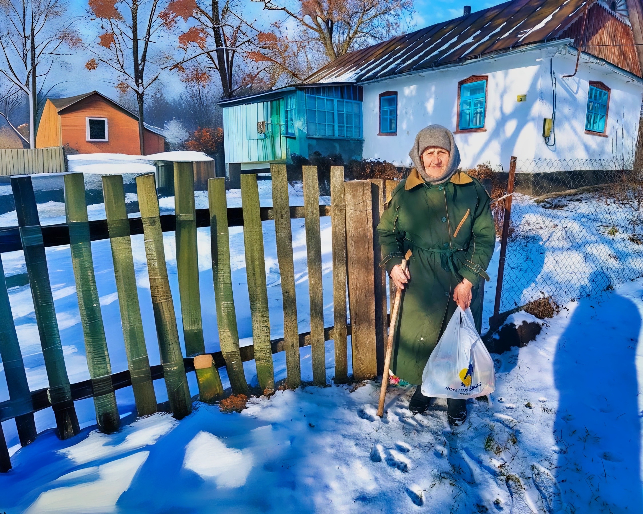 An elderly person in winter clothing stands next to a wooden fence, holding a walking stick and a plastic bag. The snow-covered ground and small houses in the background evoke a serene scene, reminding us of the importance to donate to Ukraine charity during these challenging times.