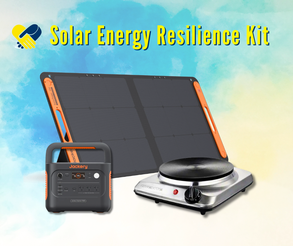 Image of a solar energy kit featuring a folded solar panel, a Jackery portable power station, and a single-burner electric stove against a blue and yellow background.