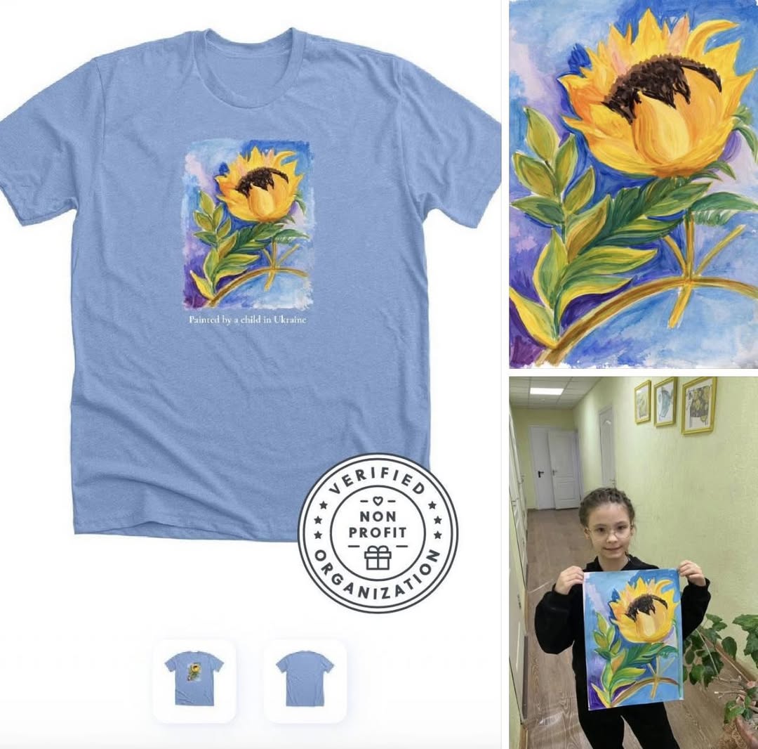A blue t-shirt with a sunflower design painted by a child, the original artwork, and a child holding the painting; includes a nonprofit verification badge.