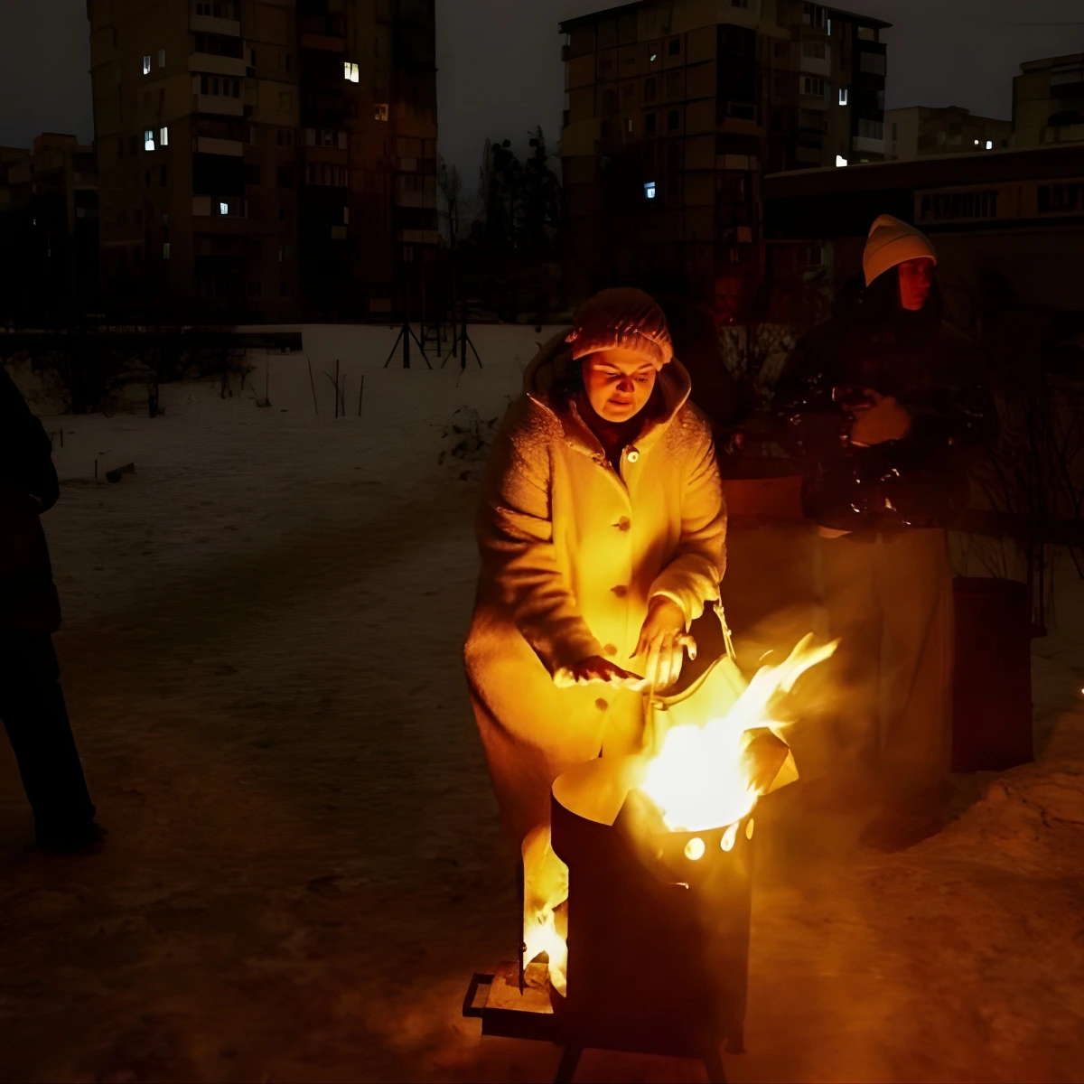 A person in a coat warms their hands over an open fire in a metal barrel outdoors at night, with snow on the ground and apartment buildings in the background.