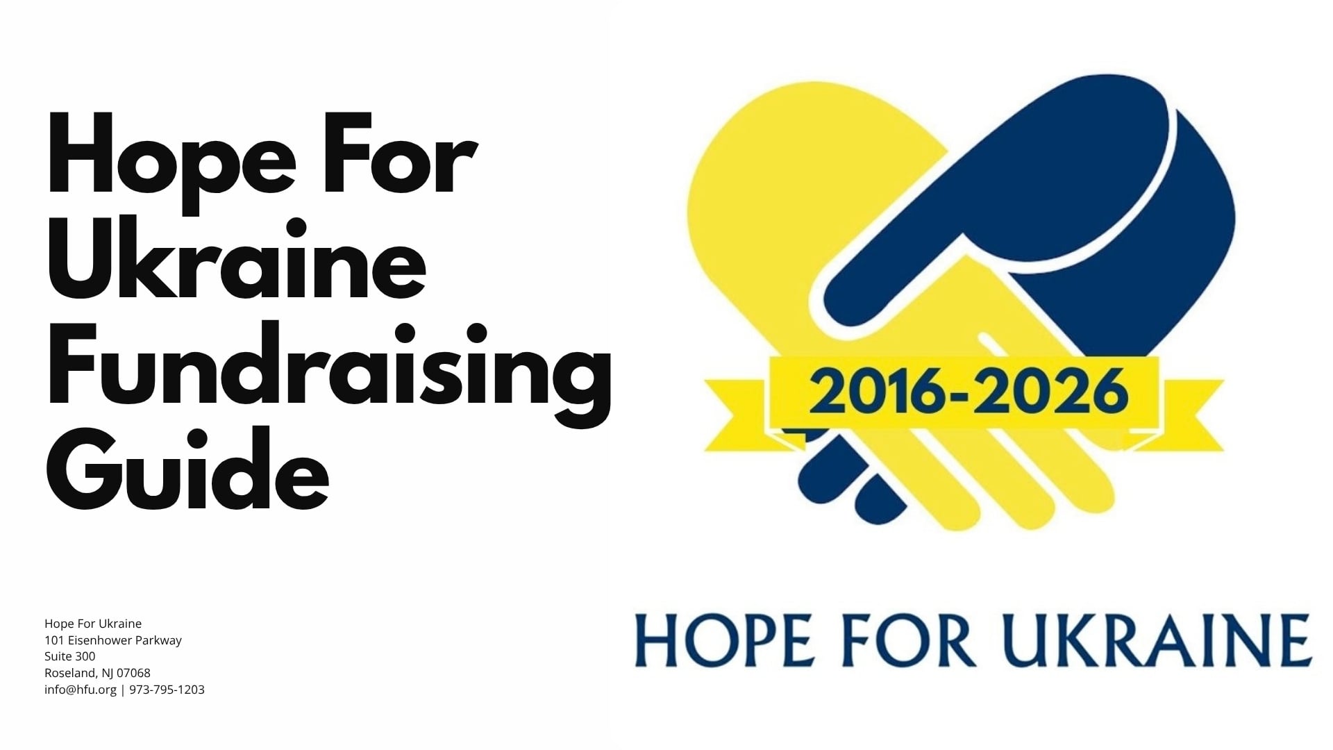 Hope For Ukraine Fundraising Guide cover with a blue and yellow handshake heart logo, text "2016-2026," and organization contact details.