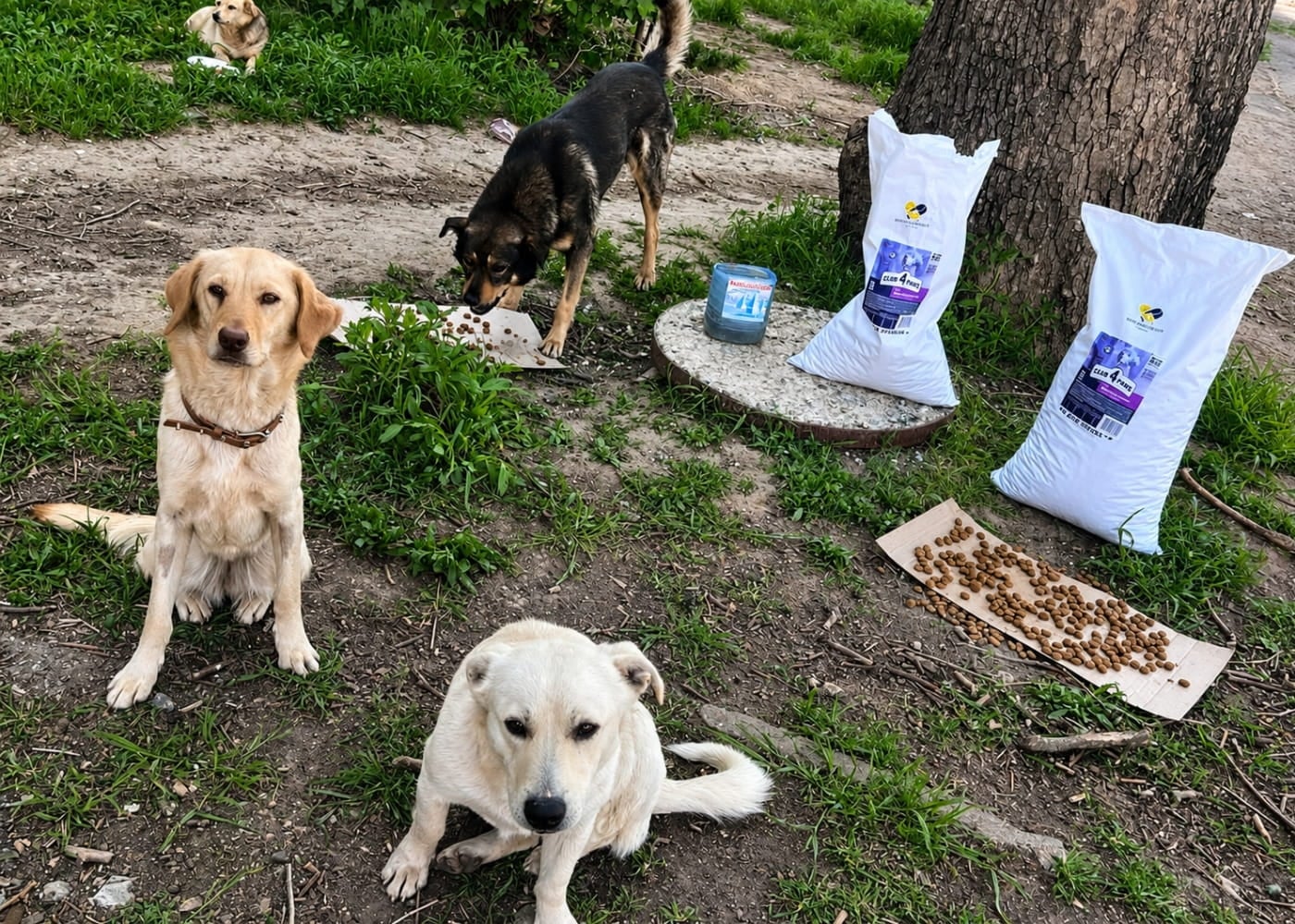 Three dogs outdoors near bags of dog food and scattered kibble on cardboard pieces, with trees and grass in the background.