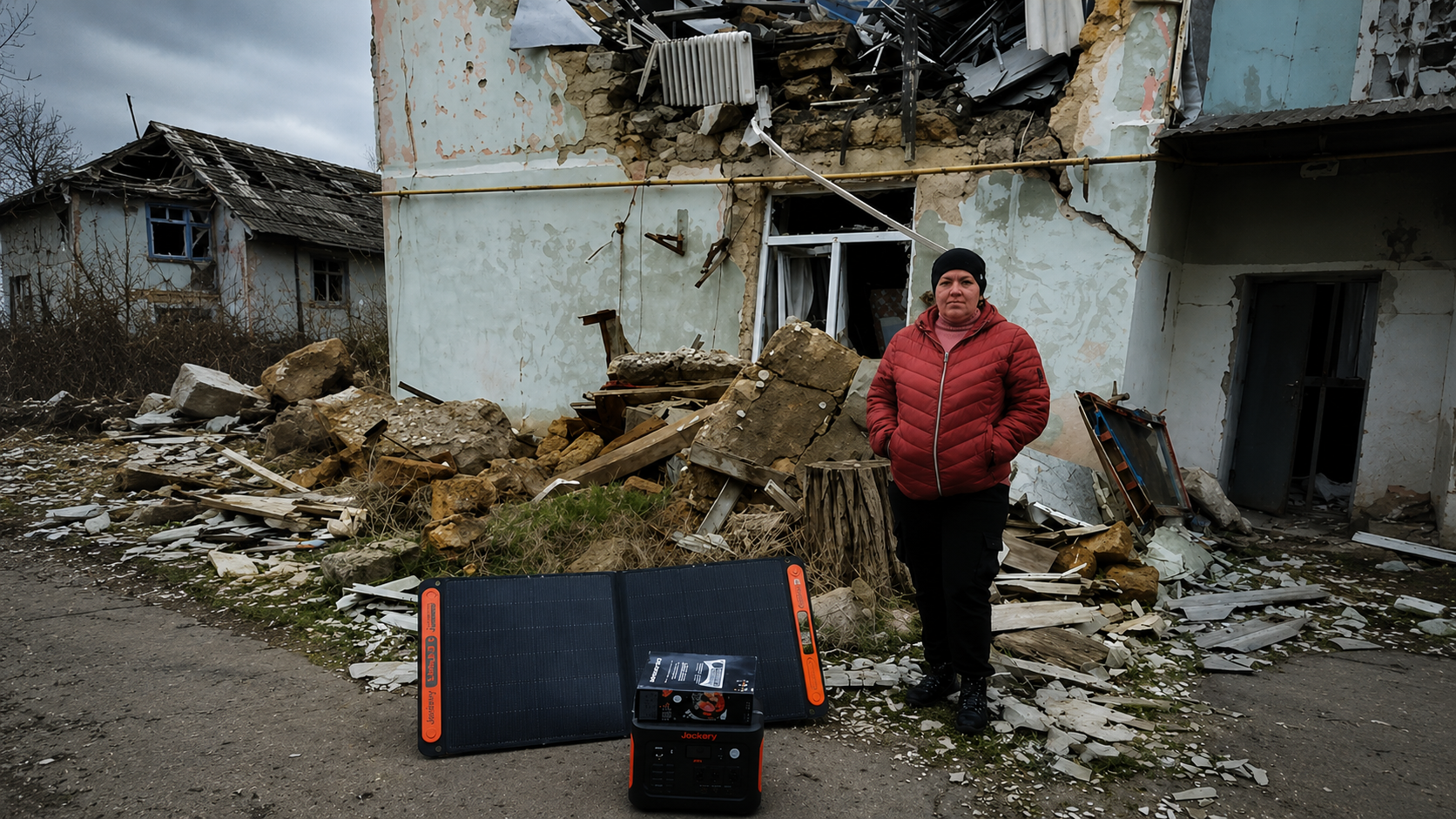 Ukrainian woman stands in a street with destroyed building behind and a jackery solar kit provided by Hope for Ukraine
